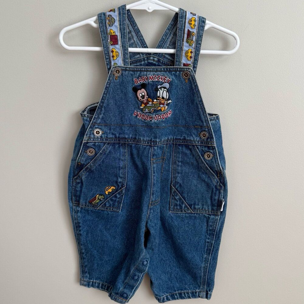 Vintage Baby Mickey & Friends 6-9mo Embroidered Denim Vehicle Overalls EUC